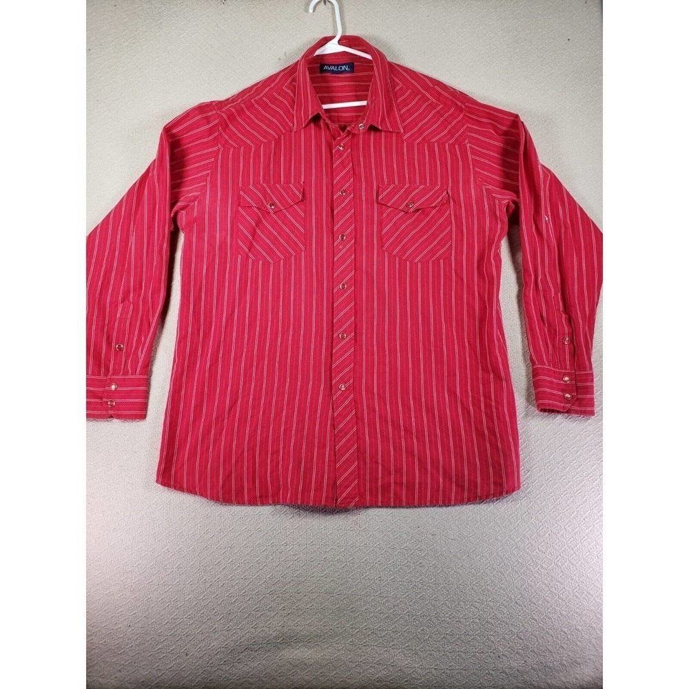Avalon‎ Shirt Mens XL Red Striped Long Sleeve Pearl Snap Collared Flap Pockets